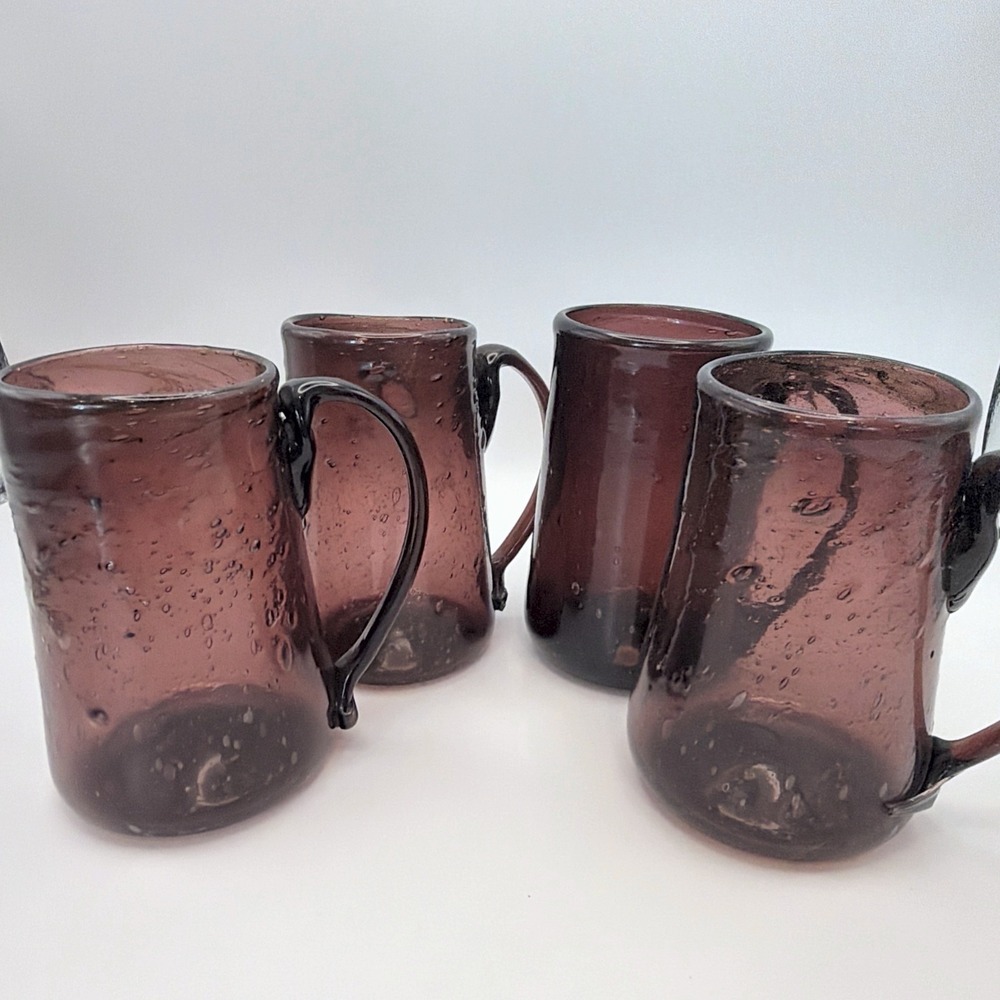 Vtg Hand Blown Amethyst Purple Seeded Bubble Glass Mugs Retro Set Of 4